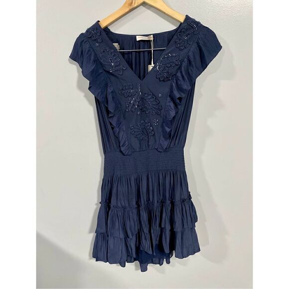 Brand New Ramy Brook Navy Blue Ari Smocked Embellished Mini Dress Women’s M $495 - Picture 1 of 9